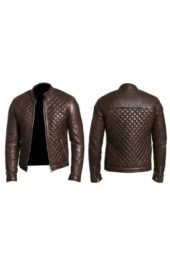 Men's quilted leather street style brown biker jacker