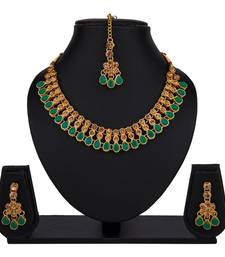 Green color necklace set with earrings & maang tikka | kundan & agate stone | antique gold plating