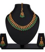 Green color necklace set with earrings & maang tikka | kundan & agate stone | antique gold plating