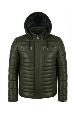 Men's olive green leather genuine timeless style puffer jacket 1
