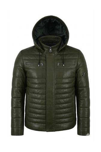 Men's olive green leather genuine timeless style puffer jacket