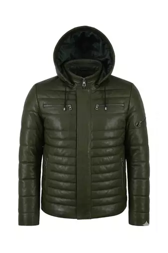 Men's olive green leather genuine timeless style puffer jacket