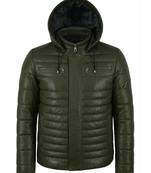 Men's olive green leather genuine timeless style puffer jacket