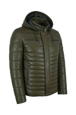 Men's olive green leather genuine timeless style puffer jacket 2