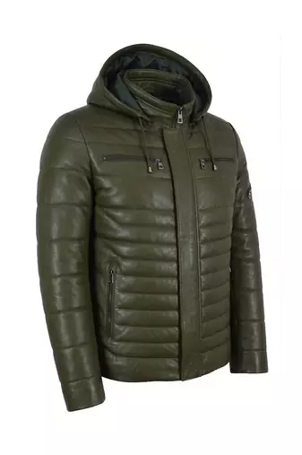 Men's olive green leather genuine timeless style puffer jacket
