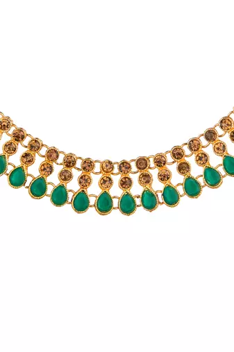 Green color necklace set with earrings & maang tikka | kundan & agate stone | antique gold plating