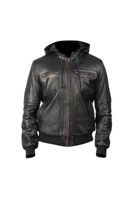 Men's black leather genuine hoodies style bomer jacket 1