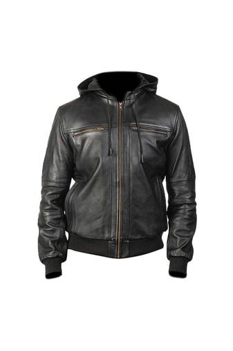Men's black leather genuine hoodies style bomer jacket
