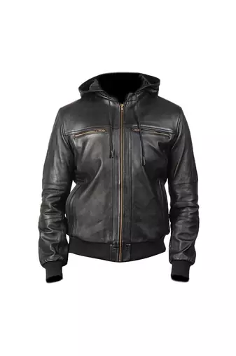 Men's black leather genuine hoodies style bomer jacket