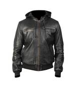 Men's black leather genuine hoodies style bomer jacket