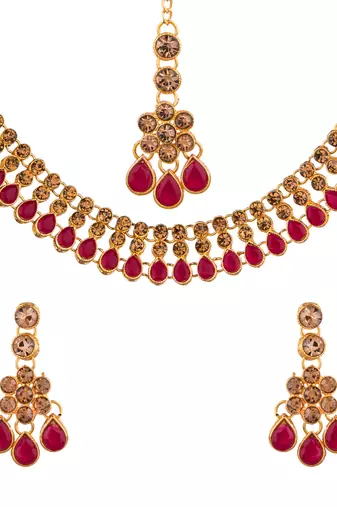 Maroon color necklace set with earrings & maang tikka | kundan & agate stone | antique gold plating