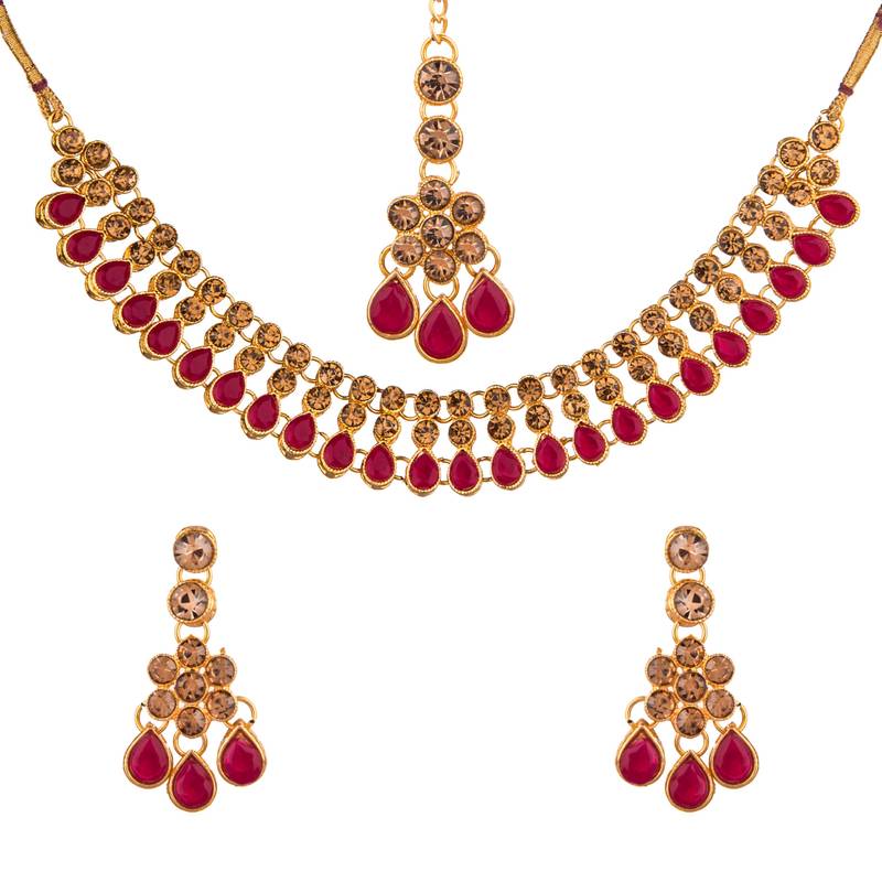 Maroon color necklace set with earrings & maang tikka | kundan & agate stone | antique gold plating