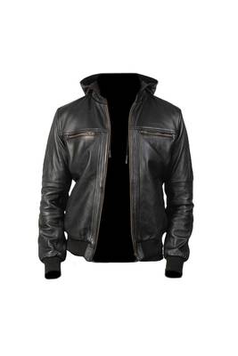 Men's black leather genuine hoodies style bomer jacket 2