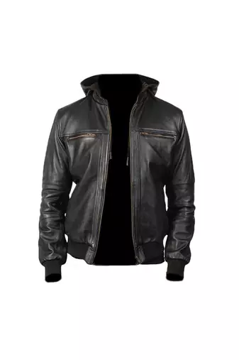 Men's black leather genuine hoodies style bomer jacket