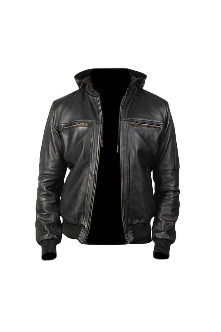 Men's black leather genuine hoodies style bomer jacket