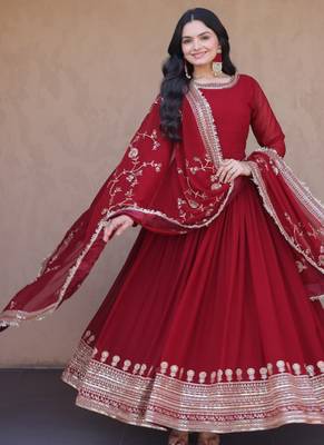 Maroon zari embroidered blooming gown with dupatta 2
