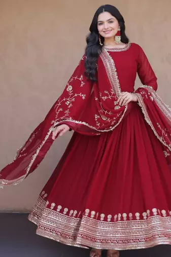 Maroon zari embroidered blooming gown with dupatta