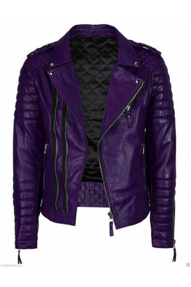 Men's purple leather quilted minimal design real lambskin jacket