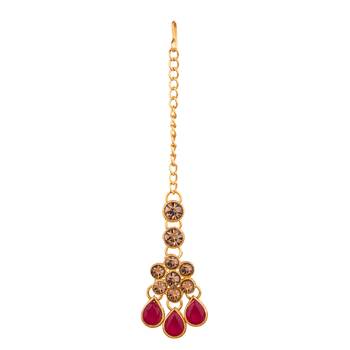 Maroon color necklace set with earrings & maang tikka | kundan & agate stone | antique gold plating 4