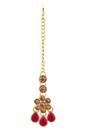Maroon color necklace set with earrings & maang tikka | kundan & agate stone | antique gold plating
