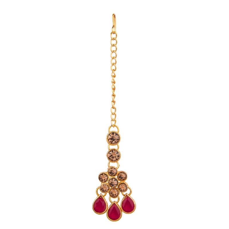 Maroon color necklace set with earrings & maang tikka | kundan & agate stone | antique gold plating