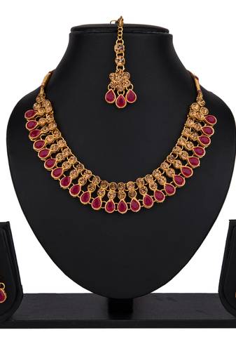 Maroon color necklace set with earrings & maang tikka | kundan & agate stone | antique gold plating