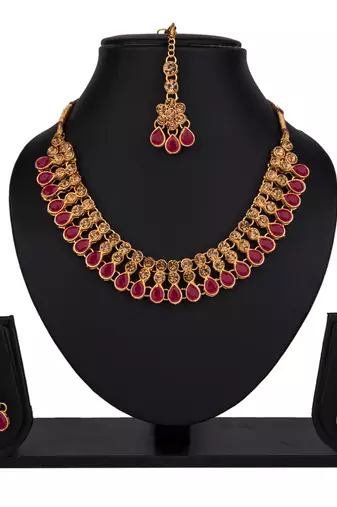Maroon color necklace set with earrings & maang tikka | kundan & agate stone | antique gold plating