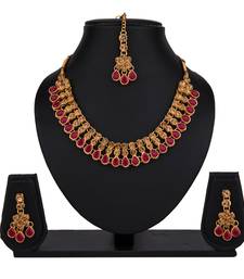 Maroon color necklace set with earrings & maang tikka | kundan & agate stone | antique gold plating