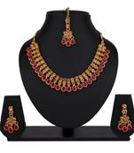 Maroon color necklace set with earrings & maang tikka | kundan & agate stone | antique gold plating