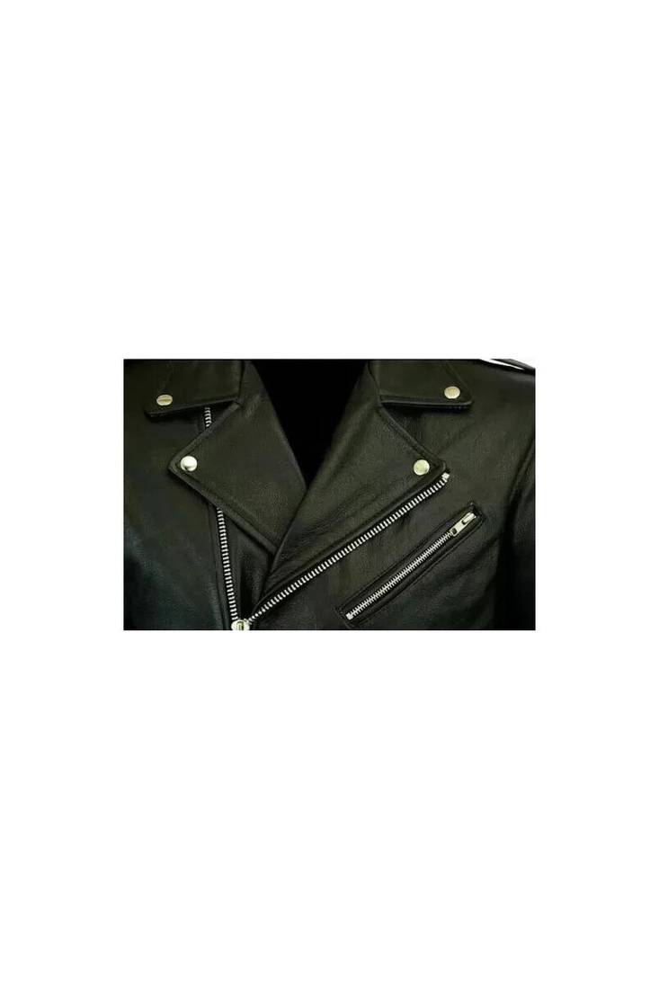 Men's black leather silver zip premium quality biker jacket