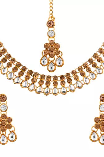 Lct white color necklace set with earrings & maang tikka | kundan & agate stone | gold plating