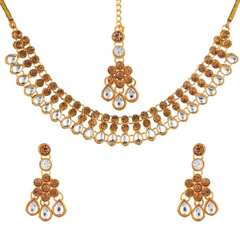 Lct white color necklace set with earrings & maang tikka | kundan & agate stone | gold plating