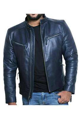 Men's navy blue leather genuine smart casual biker jacket 1
