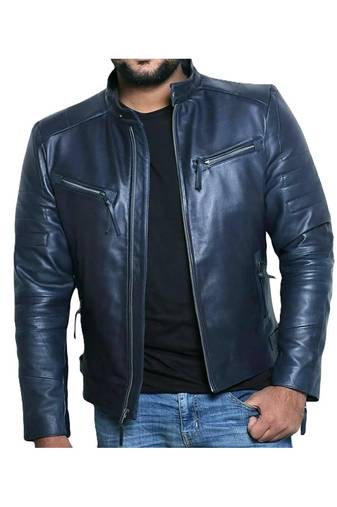 Men's navy blue leather genuine smart casual biker jacket