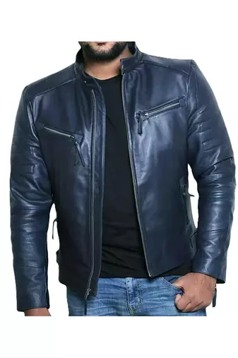 Men's navy blue leather genuine smart casual biker jacket