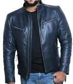 Men's navy blue leather genuine smart casual biker jacket