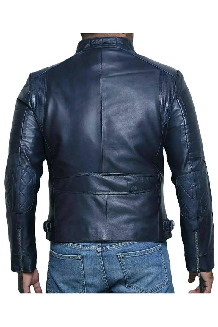Men's navy blue leather genuine smart casual biker jacket