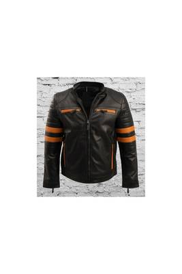 Men's black leather designer style genuine strip biker jacket 1