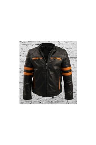 Men's black leather designer style genuine strip biker jacket