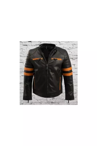Men's black leather designer style genuine strip biker jacket