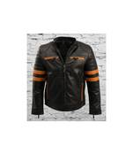 Men's black leather designer style genuine strip biker jacket
