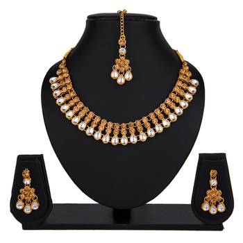 Lct white color necklace set with earrings & maang tikka | kundan & agate stone | gold plating 1