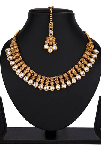 Lct white color necklace set with earrings & maang tikka | kundan & agate stone | gold plating