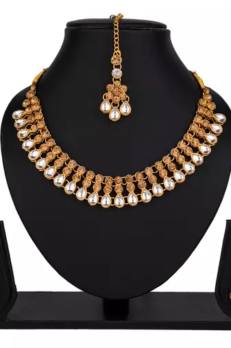 Lct white color necklace set with earrings & maang tikka | kundan & agate stone | gold plating