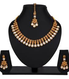 Lct white color necklace set with earrings & maang tikka | kundan & agate stone | gold plating
