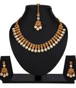 Lct white color necklace set with earrings & maang tikka | kundan & agate stone | gold plating