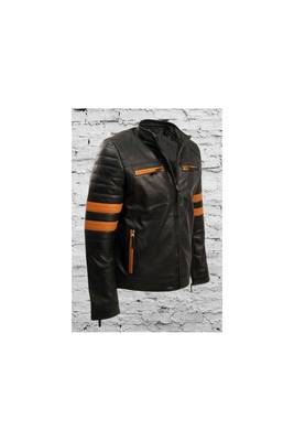 Men's black leather designer style genuine strip biker jacket 2