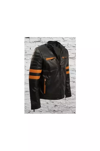 Men's black leather designer style genuine strip biker jacket