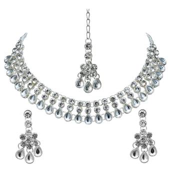 White color necklace set with earrings & maang tikka | kundan & agate stone | silver plating 2