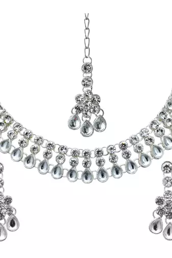 White color necklace set with earrings & maang tikka | kundan & agate stone | silver plating